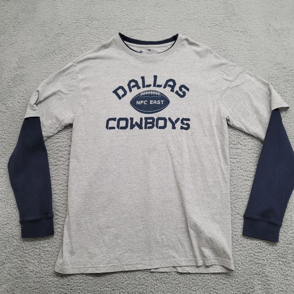 Dallas Cowboys Shirt Mens Large Gray Blue thermal Sleeves NFL NFC East Spellout